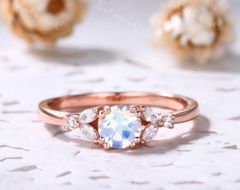 Vintage Rainbow Moonstone Engagement Ring 14k Rose Gold Marquise Moissanite Ring Nature Inspired Leaf Ring June Birthstone Ring for Women