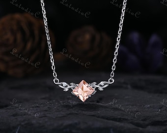 Dainty Princess Cut Morganite Pendant Necklace Sterling Silver Art Deco Leaf Pendant Nature Inspired Necklace Unique Branch Vine Pendant