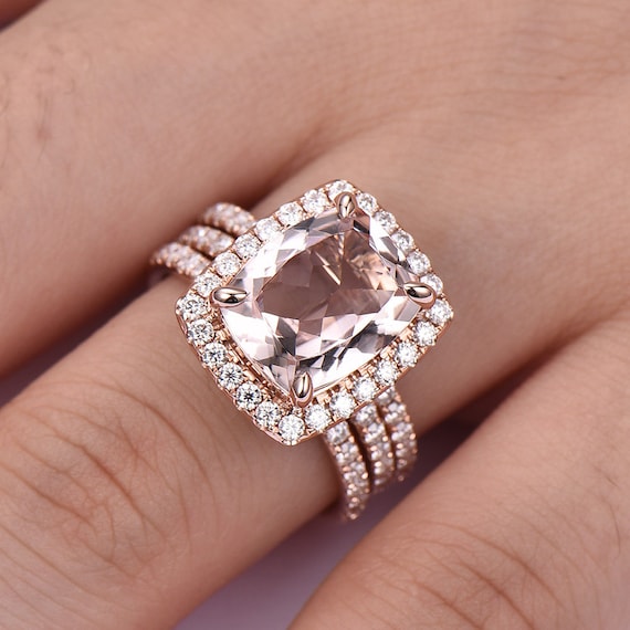 Big Cushion Cut Morganite Engagement Ring Set Rose Gold Halo 14k