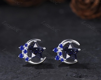 Star Shape Blue Sandstone Sapphire Stud Earrings Silver White Gold Crescent Moon Earrings Unique Blue Stones Earrings Celestial Earrings