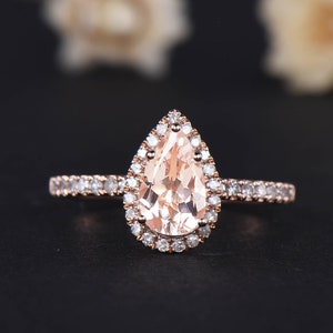 Pear Cut Morganite Engagement Ring Rose Gold Pear Shape Pink Morganite Ring Diamond Halo Ring Promise Ring Sterling Silver Minimalist Ring