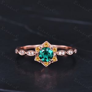 Unique Green Emerald Halo Engagement Ring 14k Rose Gold Dainty Flower Citrine Ring Art Deco Floral Bridal Ring Antique Gift for Women