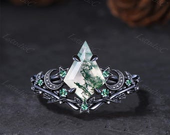 Celestial Kite Cut Moss Agate Black Gold Gothic Ring Set Emerald Accent Star Moon Ring Fantasy Nature Inspired Ring Forest Leaf Twig Ring