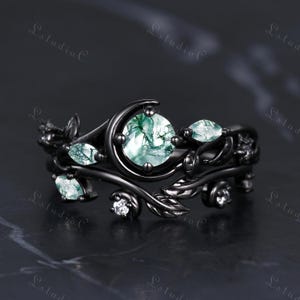Green Moss Agate Black Gold Engagement Ring Set Vintage Crescent Moon Ring Nature Inspired Ring Art Deco Leaf Ring Unique Gift for Women