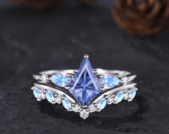 Kite Shape Firework Cut Cornflower Sapphire Moonstone Ring Set Silver White Gold Blue Stones Bridal Ring Set Blue Gemstone Promise Ring