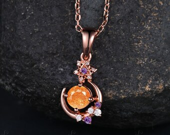 Zarte Sonnenstein Amethyst Anhänger 14k Rosegold Einzigartige Stern Mond Moissanite Anhänger Frauen Vintage Jahrestag Geschenk Art Deco Geschenk zierlich