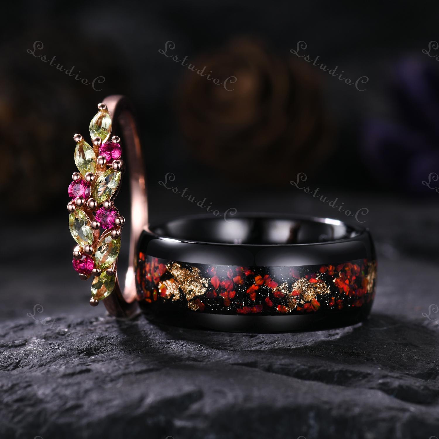 Vintage Peridot Ruby Wedding Ring Set Black Tungsten Mens Ring Dainty ...