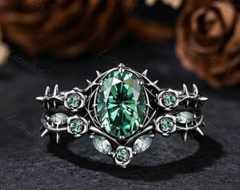 Gothic Oval Green Moissanite Black Gold Ring Set Vintage Thorn Moss Agate Emerald Ring Nature Inspired Flower Vine Green Stones Fantasy Ring