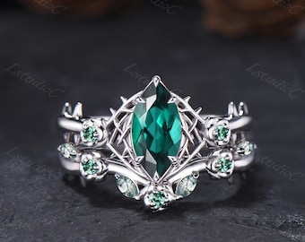 Antique Marquise Cut Emerald Rose Engagement Ring Set Sterling Silver Gothic Fantasy Thorn Moss Agate Green Gemstones Jewelry May Birthstone