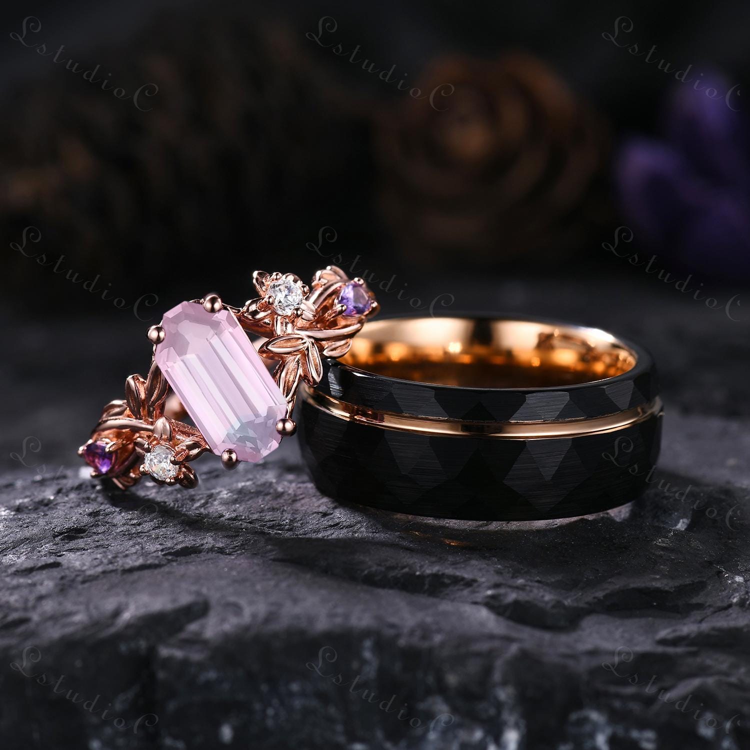 Vintage Octagon Rose Quartz Leaf Couple Ring Set Black Tungsten