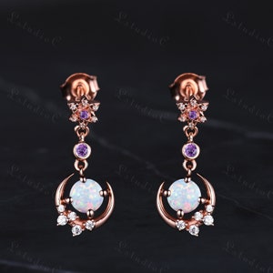 Round Cut White Opal Dangle Earrings Rose Gold Purple Amethyst Star Moon Drop Earrings Women Unique Dainty Promise Anniversary Gift for Her