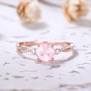Rose Quartz Ring Sterling Silver Rose Quartz Engagement Ring Pearl Ring Unique Ring Vintage Ring Statement Ring Dainty Ring Gold for Women