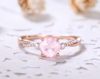 Rose Quartz Ring Sterling Silver Rose Quartz Engagement Ring Pearl Ring Unique Ring Vintage Ring Statement Ring Dainty Ring Gold for Women