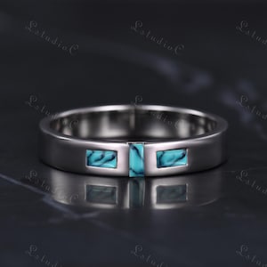 Baguette Cut Turquoise Wedding Band Sterling Silver 3 Stones Stacking Ring Blue Gemstone Ring December Birthstone Ring Gift for Men Women