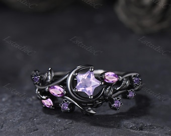 Star Shaped Cut Lavender Amethyst Black Gold Leaf Ring Set Celestial Moon Stars Purple Stones Ring February Birthstone Promise Ring
