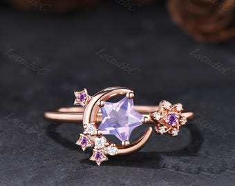 Star Shaped Cut Lavender Amethyst Star Moon Ring Rose Gold Crescent Purple Stones Ring Celestial February Birthstone Ring Astrology Ring