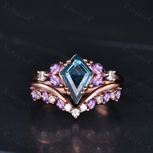 Natural Kite Cut London Blue Topaz Engagement Ring Set Unique Marquise Amethyst Moissanite Wedding Bridal Ring Set Cluster Ring for Women