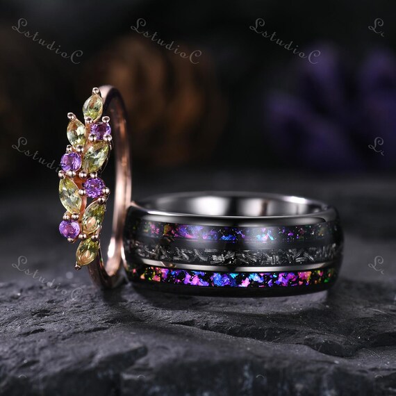 Dainty Peridot Amethyst Couple Ring Set Galaxy Tungsten Mens Ring