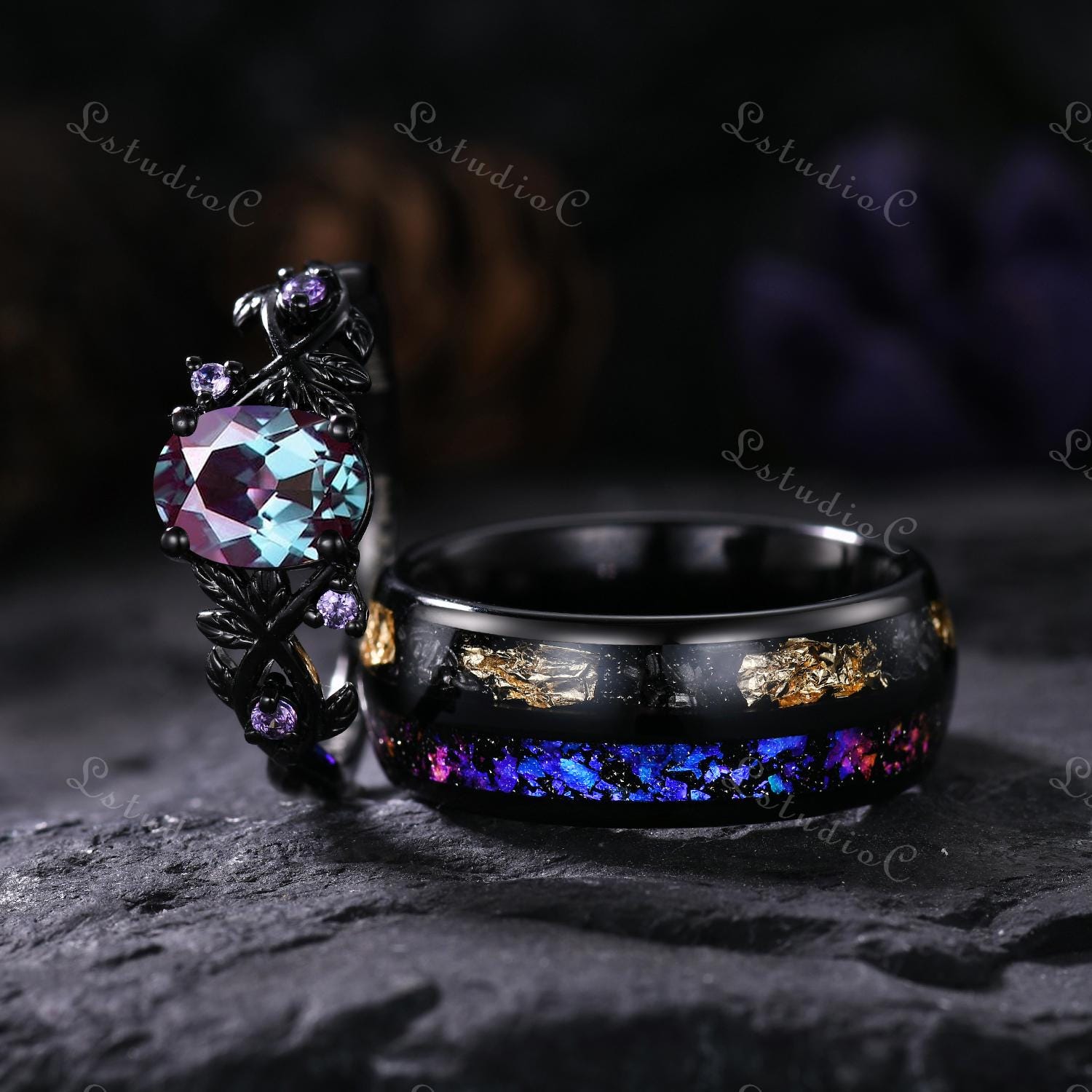 定価16万 新品■ALEXSTREETER BLACK RAINBOW RING Vintage Oval Alexandrite Leaf Engagement Ring Set Mens Tungsten