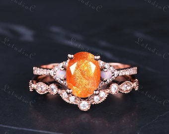 Natural Oval Cut Sunstone Engagement Ring Set Solid Gold Opal Diamond Wedding Ring Set Orange Gemstone Bridal Promise Ring Anniversary Gift