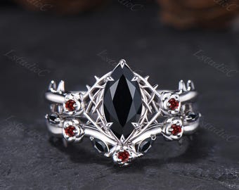Gothic Marquise Cut Black Onyx Rose Engagement Ring Set Sterling Silver Floral Thorn Garnet Wedding Bridal Jewelry Black Stones Flower Ring