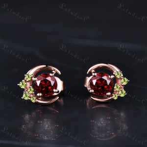 Pendientes únicos de granate de corte redondo, pendientes de oro rosa con forma de luna de peridoto, regalo de aniversario de promesa vintage para mujer, joyería para ella