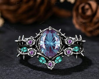 Oval Firework Cut Alexandrite Gothic Ring Set Silver Black Gold Amethyst Emerald Flower Thorn Ring Nature Inspired Unique Fantasy Ring