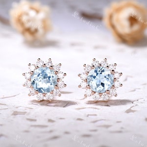 1ct Round Cut Blue Aquamarine Stud Earrings 14k Rose Gold Vintage Moissanite Halo Flower Earrings Unique Promise Anniversary Gift for Women