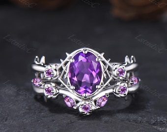 Gothic Rose Oval Cut Amethyst Engagement Ring Set Silver White Gold Floral Thorn Purple Gemstones February Birthstone Fantasy Ring for Her