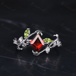 Rhombus Cut Red Garnet Leaf Engagement Ring Silver White Gold Marquise Green Peridot Branch Ring Vintage Kite Shaped Vine Twig Ring Women