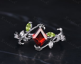 Rhombus Cut Red Garnet Leaf Engagement Ring Silver White Gold Marquise Green Peridot Branch Ring Vintage Kite Shaped Vine Twig Ring Women