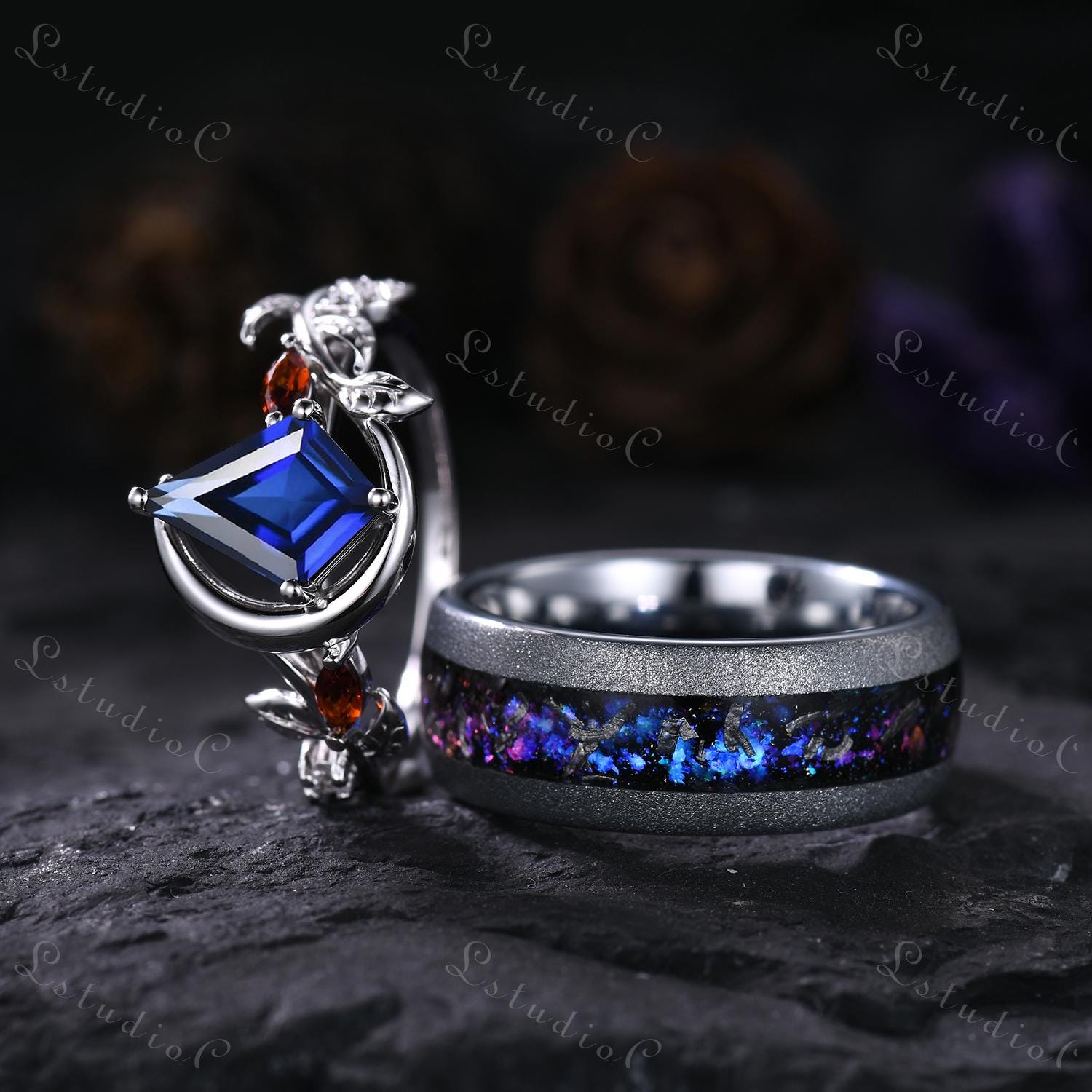Vintage Kite Cut Blue Sapphire Moon Leaf Couple Ring Set Galaxy