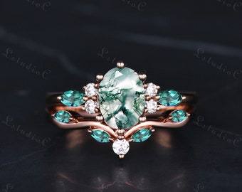 Oval Cut Moss Agate Nature Inspired Ring Set Marquise Emerald Green Stone Moissanite Cluster Bridal Set Gemstone Promise Gift Women Jewelry