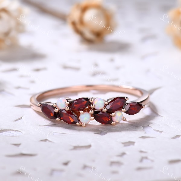 Vintage Fire Opal Engagement Ring Marquise Garnet Ring Rose Gold White Opal Ring Women Unique Ring Cluster Ring Art Deco Ring for Her