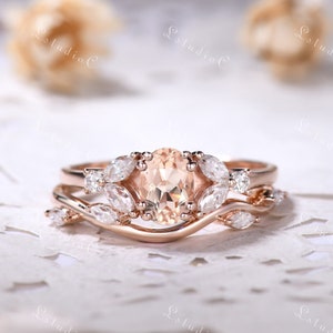Vintage Oval Cut Morganite Engagement Ring Set Marquise Leaf Moissanite Ring Art Deco Branch Vine Bridal Set Antique Promise Ring for Women