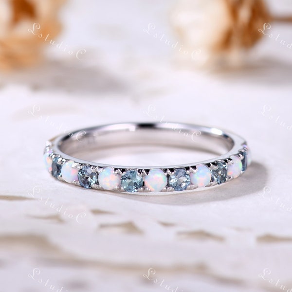 2mm Alexandrite Opal Wedding Band Silver White Gold Half Eternity Stack Ring June October Birthstone Stacking Ring Minimalist Stackable Ring