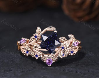 Celestial Star Shape Blue Sandstone Leaf Ring Set Rose Gold Starry Sapphire Amethyst Ring Nature Inspired Twig Vine Bridal Ring Set for Her