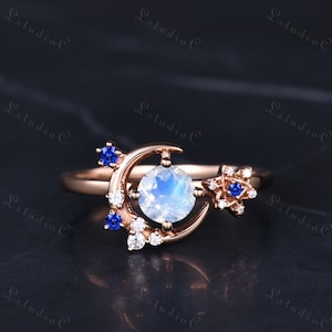 Art Deco Round Cut Moonstone Star Engagement Ring Solid Gold Vintage Moon Sapphire Ring Dainty Moissanite Ring Unique Promise Ring for Women