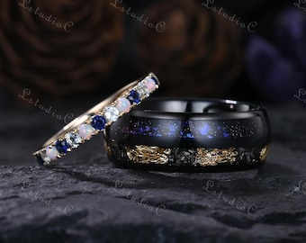 Opal Sapphire Aquamarine Couple Wedding Ring Set Black Tungsten Mens Ring Galaxy Meteorite Ring Anniversary Promise Gift for Him and Her