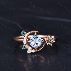 Delicate Round Cut Blue Aquamarine Moon Engagement Ring 14k Gold Art Deco Emerald Star Wedding Bridal Ring Promise Unique Gift for Women