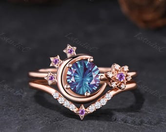 Starry Firework Cut Round Alexandrite Engagement Ring Set Rose Gold Celestial Star Amethyst Ring Set Crescent Moon June Birthstone Ring Set