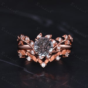 Schwarzer Rutilquarz Blatt Verlobungsring Set Natur Inspiriert Art Deco Moissanite Ring Set Einzigartige Zweig Zweig Braut Set Retro Frauen Geschenk