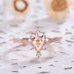 Dainty Pear taglio Morganite Fidanzamento Anello Pera Shape Rosa Morganite Anello Nuziale Anello in Argento Sterling Anello Oro Rosa Promise Ring Anello Donna Anello immagine 1