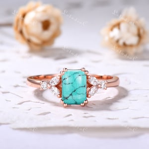 Anillo de compromiso turquesa de corte esmeralda Vintage azul turquesa anillo de boda oro rosa marquesa Moissanita anillo de plata esterlina para ella
