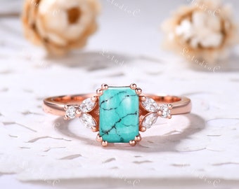 Smaragdschliff Türkis Verlobungsring Vintage Blau Türkis Ehering Rosegold Marquise Moissanit Ring Sterling Silber Ring für Sie