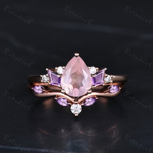 Pear Shaped Rose Quartz Engagement Ring Set Kite Cut Amethyst Bridal Ring Set Marquise Moissanite Stacking Ring Cluster Ring Women Gift