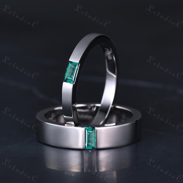 Baguette Cut Emerald Couple Wedding Ring Set Solid White Gold Mens Plain Gold Band Women Solitaire Stacking Matching Ring Minimalist Gift