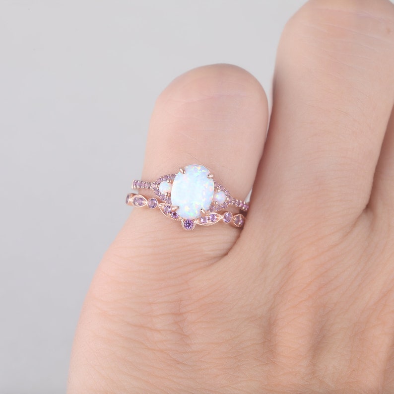 White Opal Amethyst Engagement Ring Set Silver Rose Gold Oval Fire Opal Wedding Ring Set 3 Stone Bridal Set Birthstone Ring for Women image 4