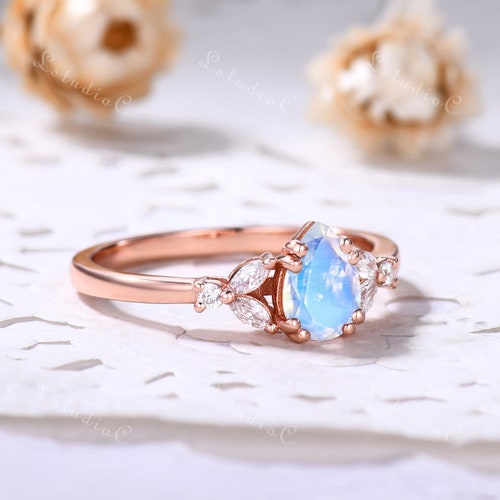 Pear Shaped Moonstone Engagement Ring Vintage Rainbow Moonstone Ring Rose Gold Marquise Moissanite Ring Unique Ring Dainty shops Promise Ring