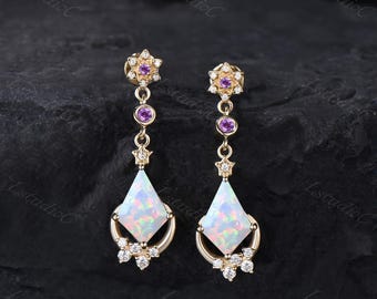 Kite Shape White Opal Amethyst Dangle Drop Earrings 14k Yellow Gold Unique Moon Star Earrings Dainty Sky Celestial Earrings Gift for Her